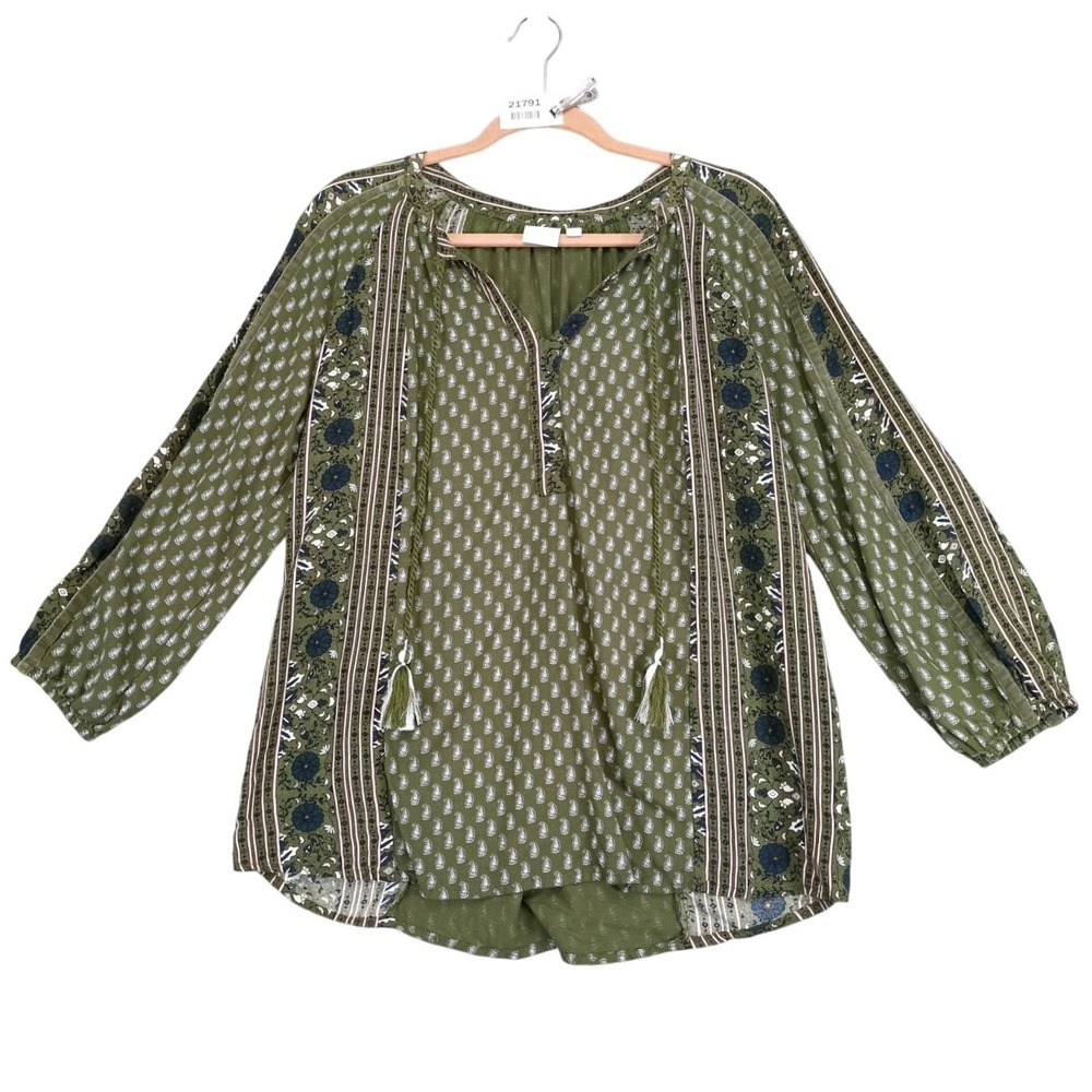 New‎ Directions Olive Green Peasant Blouse Womens S Velvet Trim Tassel Tie Boho